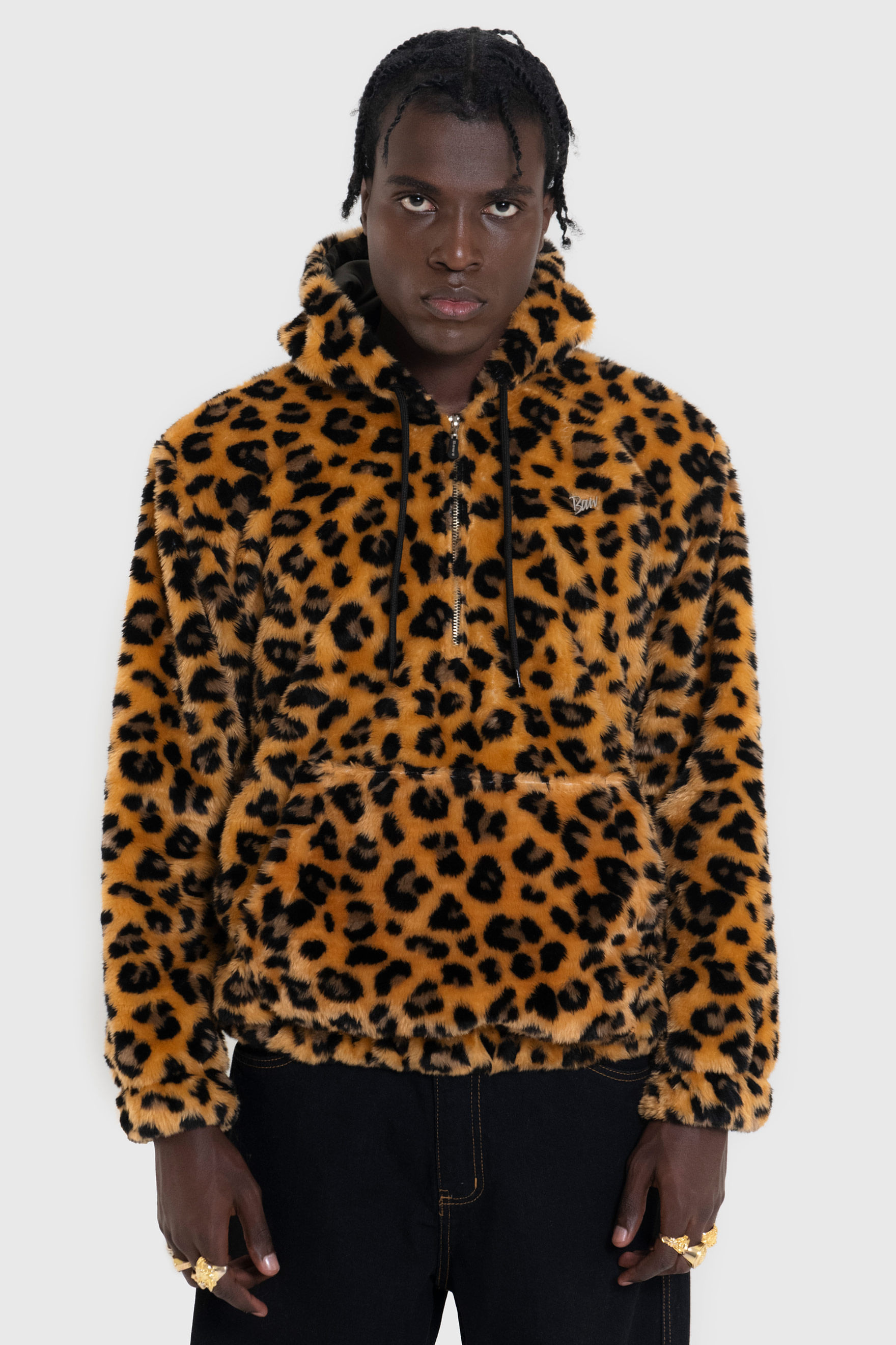 Hoodie Half Zip Leopard Faux Fur