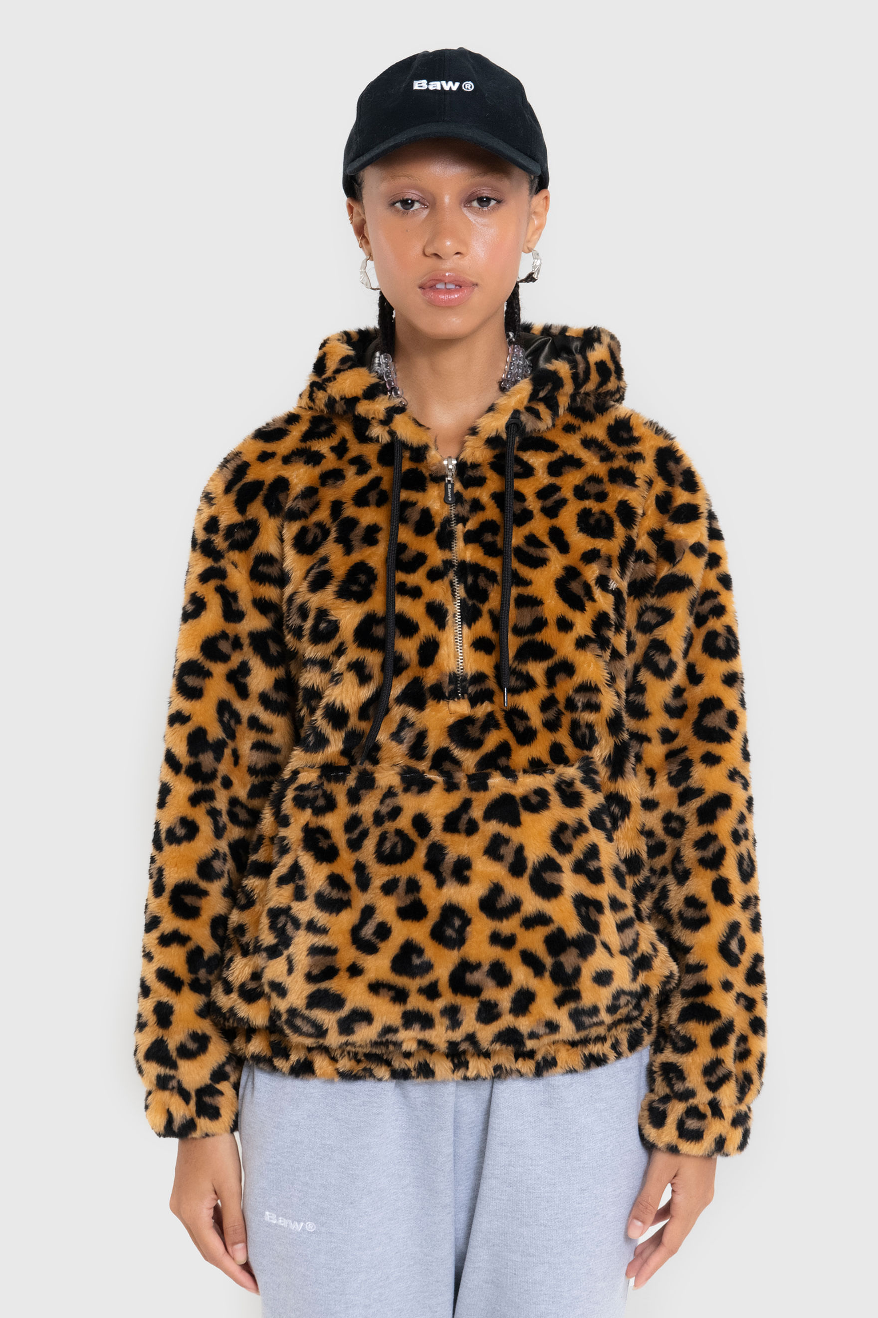Hoodie Half Zip Leopard Faux Fur